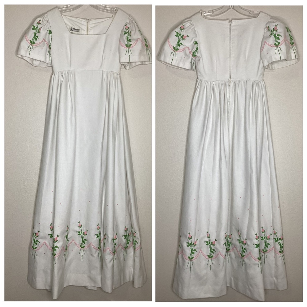Vintage White Embroidered Maxi Dress Bell Sleeves Sm